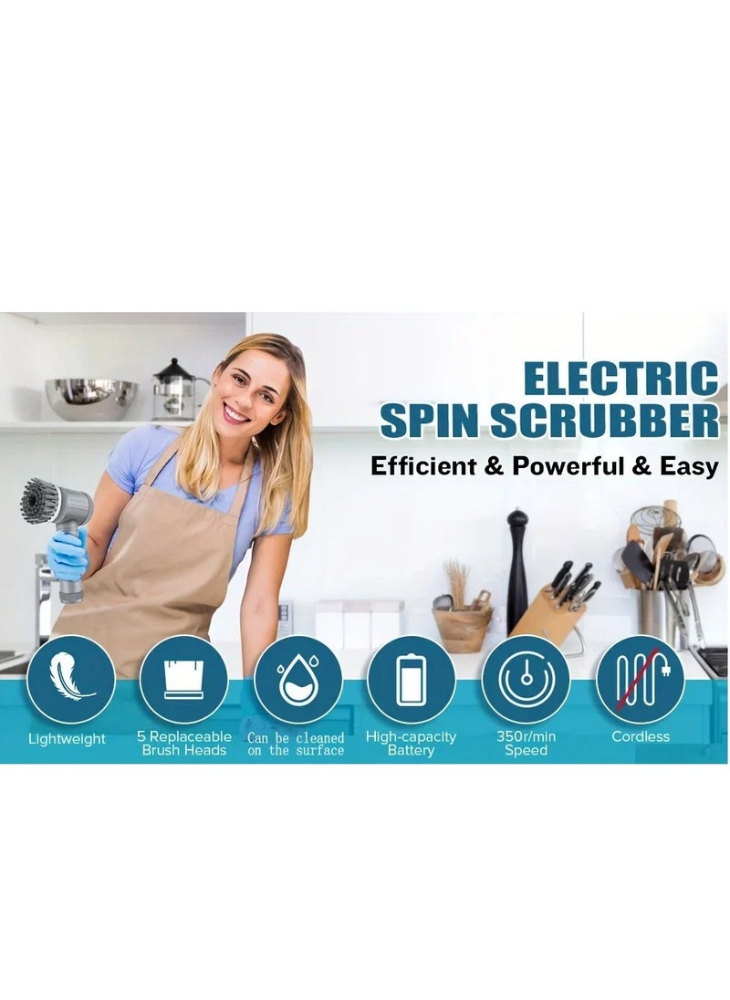 Electric Spin Scrubber LA1 Pro, Cordless Spin Scrubber with 6 Replaceable Brush Heads and Adjustable Extension Handle, Power Cle