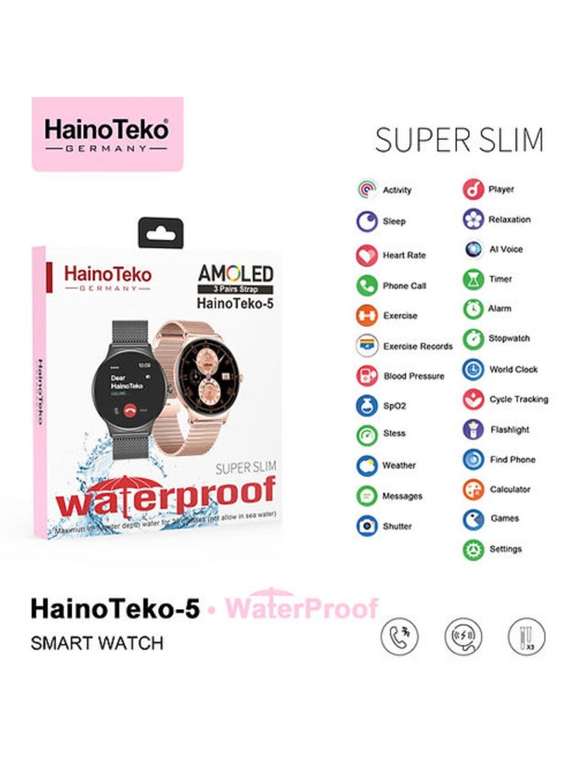 HainoTeko-5 Super Slim Smart Watch Round Shape AMOLED Display With Waterproof AI Voice Assistance and 3 Pair Straps For Ladies Black