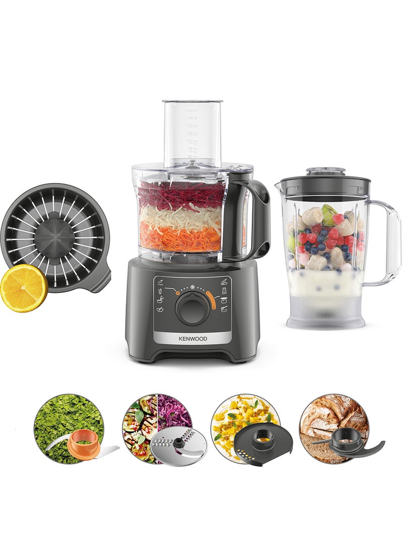 Food Processor 800W Multi-Functional With Blender, Citrus Juicer, Reversible Slicing/Grating Disk, Emulsifying Disk For Whisking, Dough Maker, Knife Blade 800 W FDP31.270GY Grey