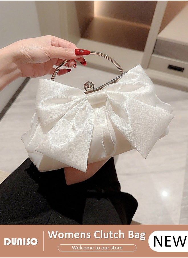 Womens Clutch Bag, Satin Evening Clutch Purse, Champagne Shoulder Bag with Removable Chain, Bow Styling Crossbody Shoulder Bag for Formal Dress Bride Wedding Prom Party