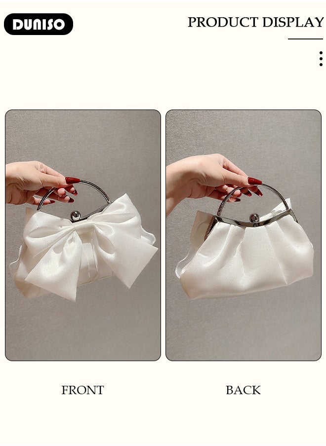 Womens Clutch Bag, Satin Evening Clutch Purse, Champagne Shoulder Bag with Removable Chain, Bow Styling Crossbody Shoulder Bag for Formal Dress Bride Wedding Prom Party