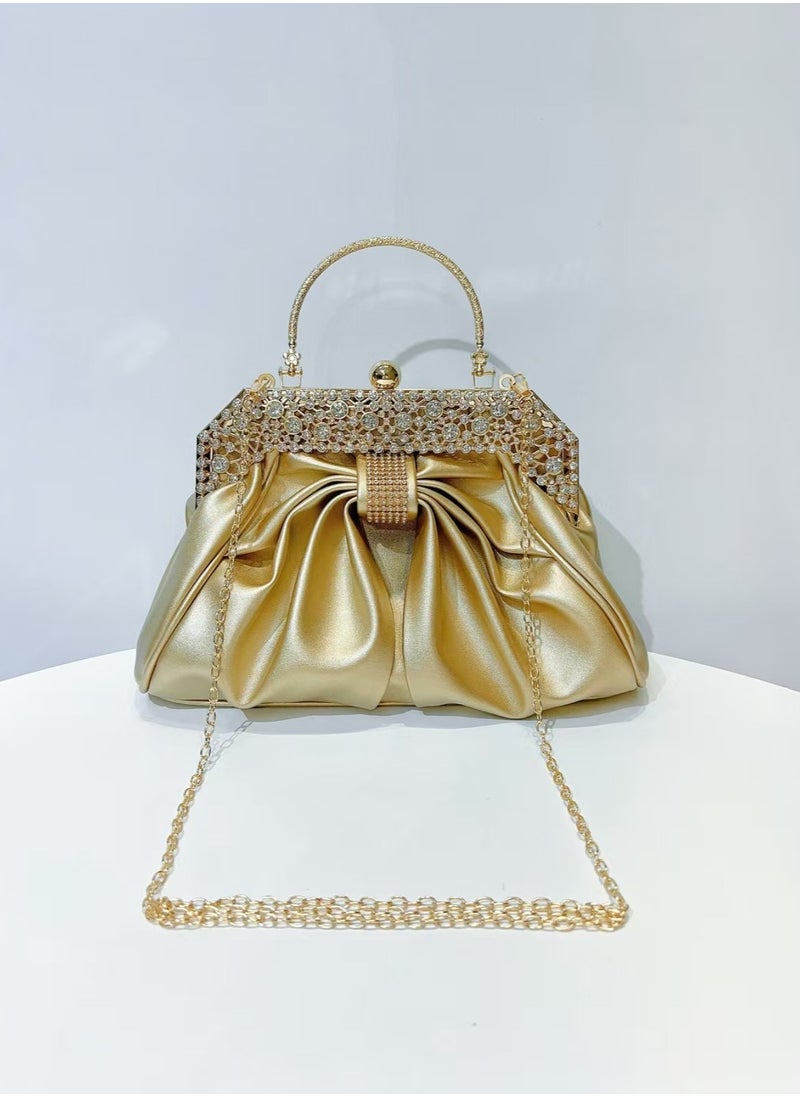 Crystal Bow Evening Bag,Party Clutch,Crossbody Bag-Gold