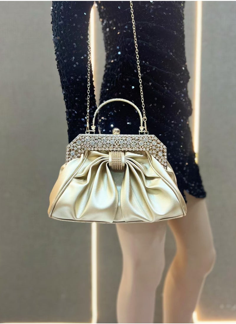 Crystal Bow Evening Bag,Party Clutch,Crossbody Bag-Gold