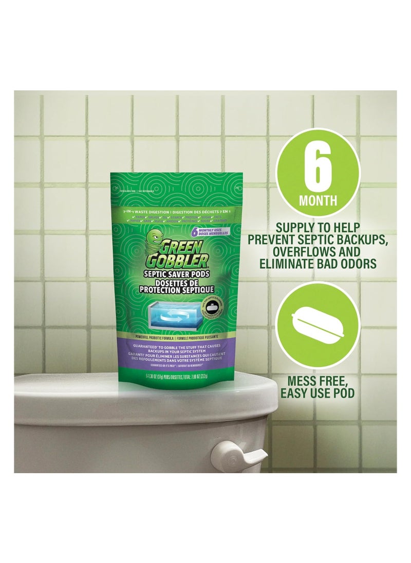 Green Gobbler Septic Saver Treatment Pods with Bacteria For Healthy Septic System, 6 Month Supply, 1.30 oz