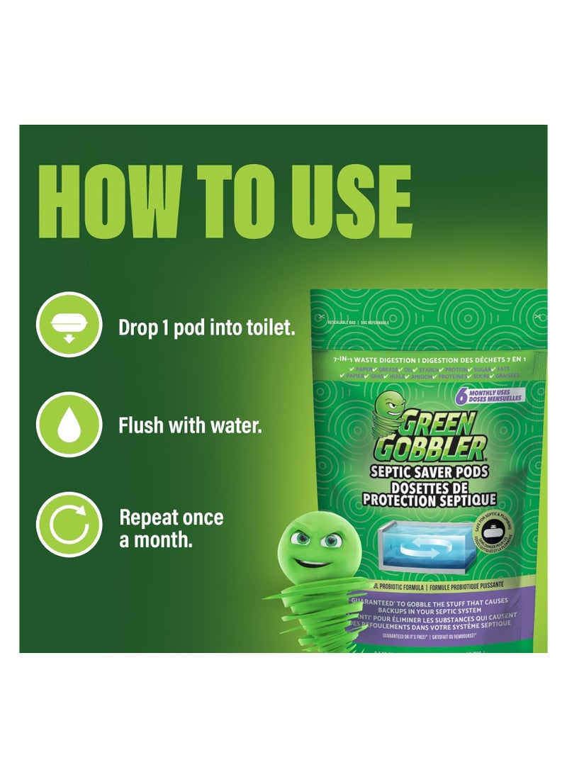 Green Gobbler Septic Saver Treatment Pods with Bacteria For Healthy Septic System, 6 Month Supply, 1.30 oz