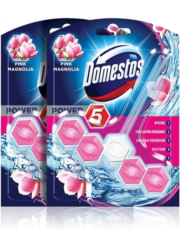 Domestos Toilet Rim Block, Pink Magnolia, Gives Long Lasting Fragrance and Removes Limescales, Provides Hygiene & Shine, 2x55gms