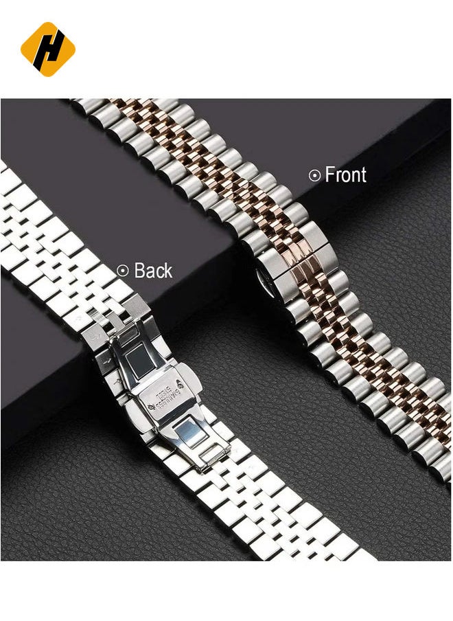 Compatible with Apple Watch Band 41mm 40mm 38mm, Stainless Steel Heavy Band with Butterfly Folding Clasp Link Bracelet for iWatch Series8/7/6/SE Series 5/4/3/Men Women ,Silver/Rose Gold