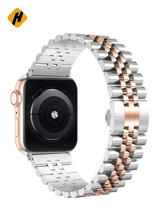 Compatible with Apple Watch Band 41mm 40mm 38mm, Stainless Steel Heavy Band with Butterfly Folding Clasp Link Bracelet for iWatch Series8/7/6/SE Series 5/4/3/Men Women ,Silver/Rose Gold