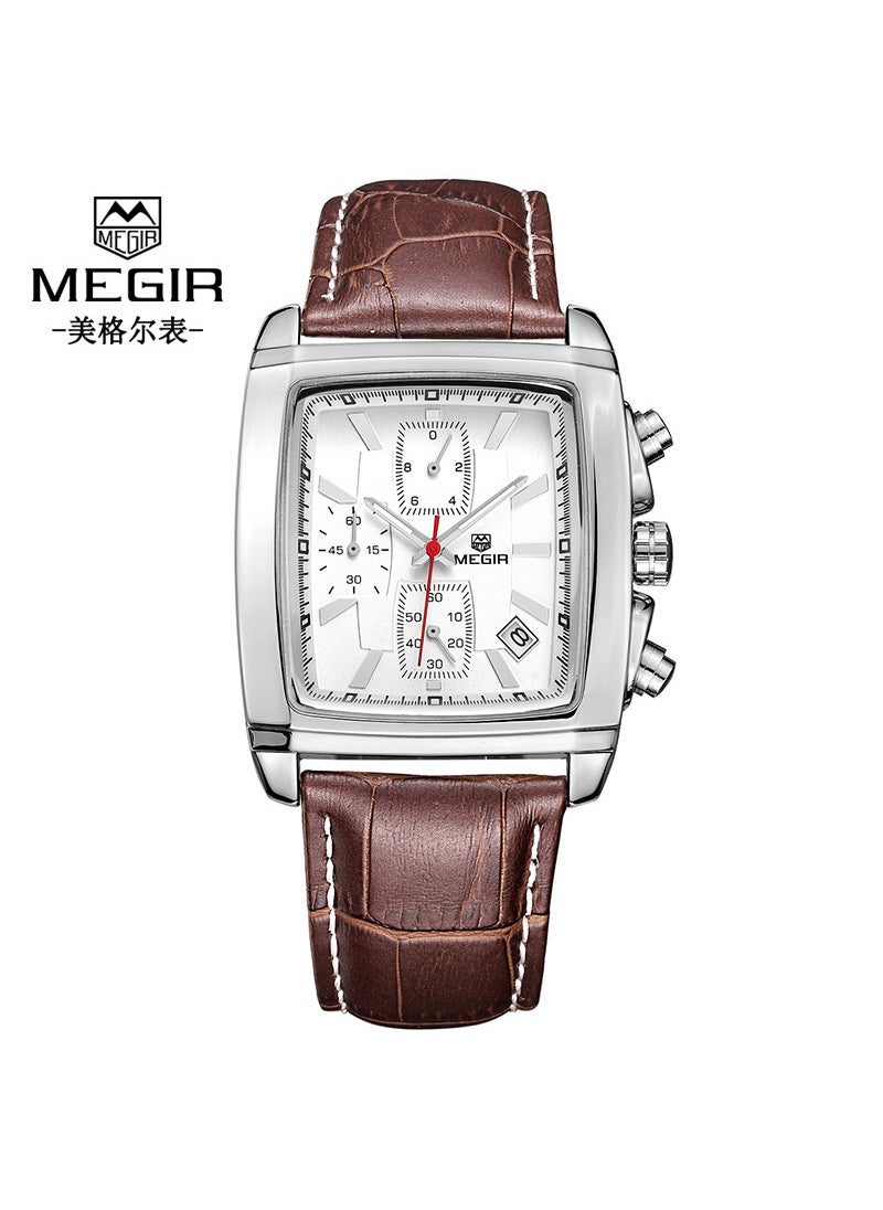 Hot Sale megir Men's Watch Fashion Light Retro Multifunctional Chronograph Square Genuine Leather Men's Watch 2028