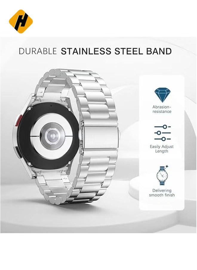 Silver Stainless Steel Metal Band for Samsung Galaxy Watch 7FE/6/5/4 (40mm/44mm), Galaxy Watch 5 Pro (45mm), Galaxy Watch 6 Classic (43mm/47mm), and Galaxy Watch 4 Classic (42mm/46mm) - No Gap Design