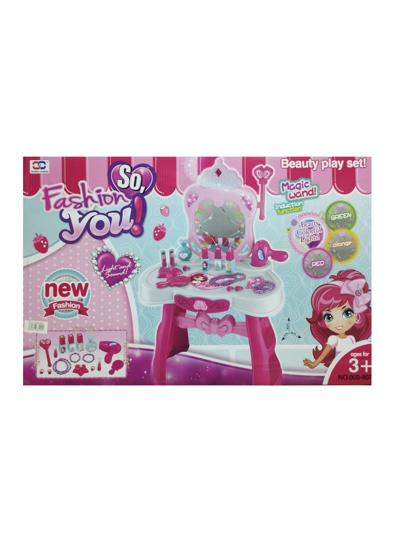 So, Fashion You! Beauty Play Set – Magical Vanity Table with Light, Sound, and Accessories for Kids 3+