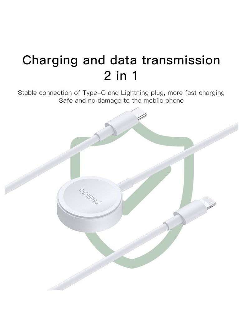 Yesido CA113 2-in-1 Magnetic Wireless Charger Data Cable – 1M Type-C to Lightning & Watch, Universal Charging for Smartphones, Tablets, Laptops & Smartwatches – Durable PC + ABS Material, 2W Output