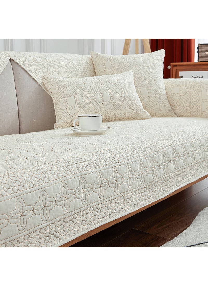 Cotton Embroidered Sofa Pad Non-Slip Seasonal Mastering Rice White