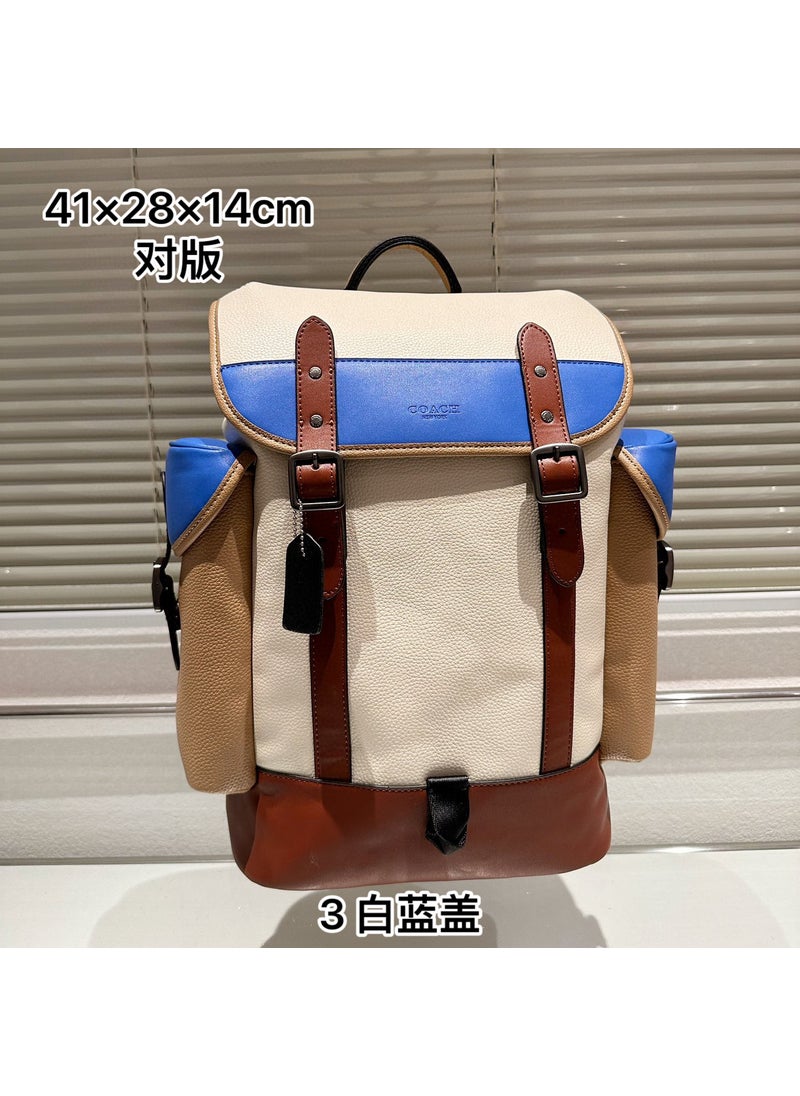 2023 New Large Capacity Mens Leather Backpack 3 white blue cover