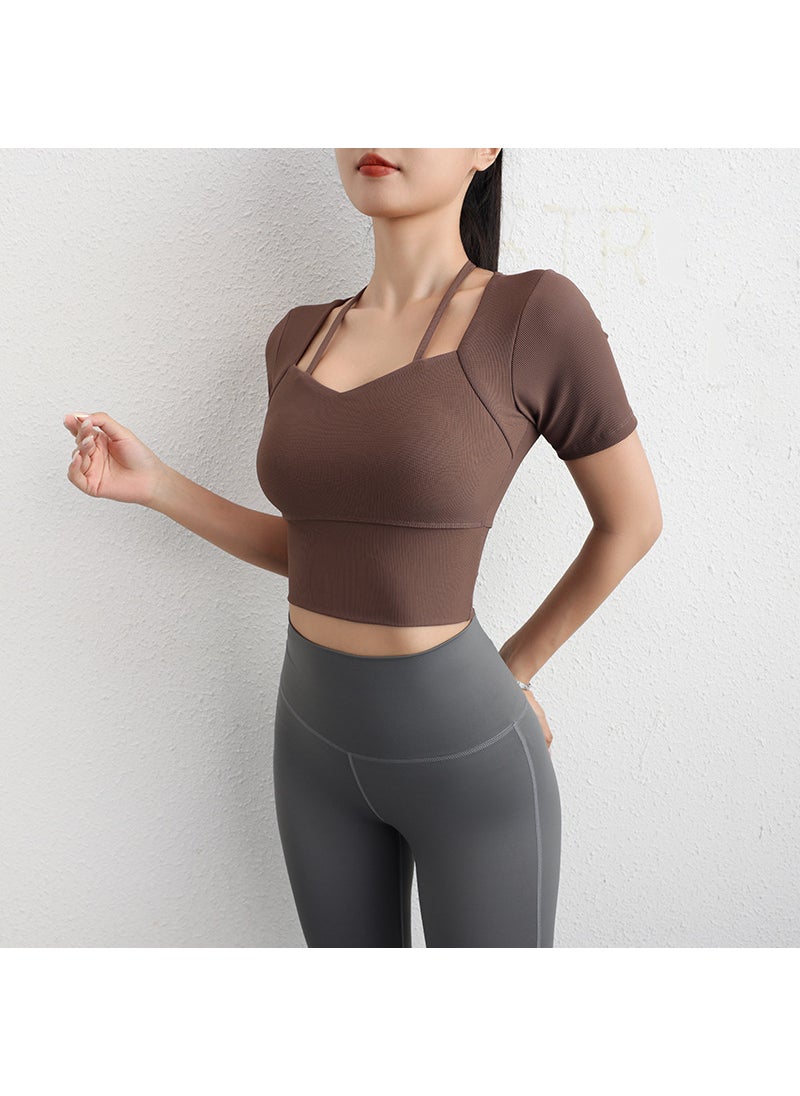 Padded Sports Bra Yoga Crop Top Fitness Tee Cocoa