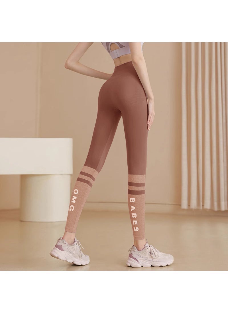 2024 Womens High-Waist Yoga Pants Peach Lift Leggings Brown