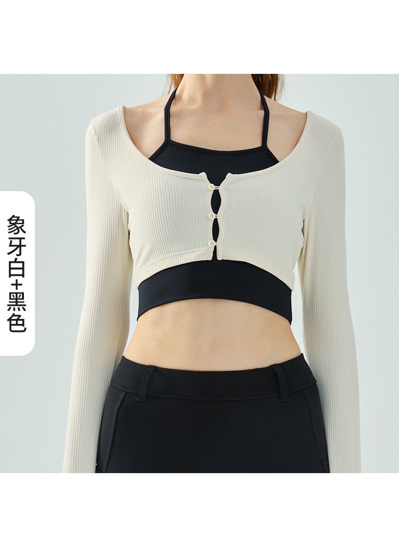 Colorblock Front-Button Long-Sleeve Sporty Yoga Top Ivory + black