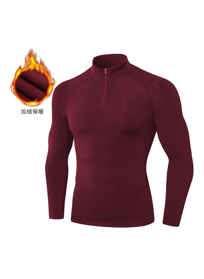 Mens Fleece-Lined Fitness Shirt for Autumn Winter Wine Red