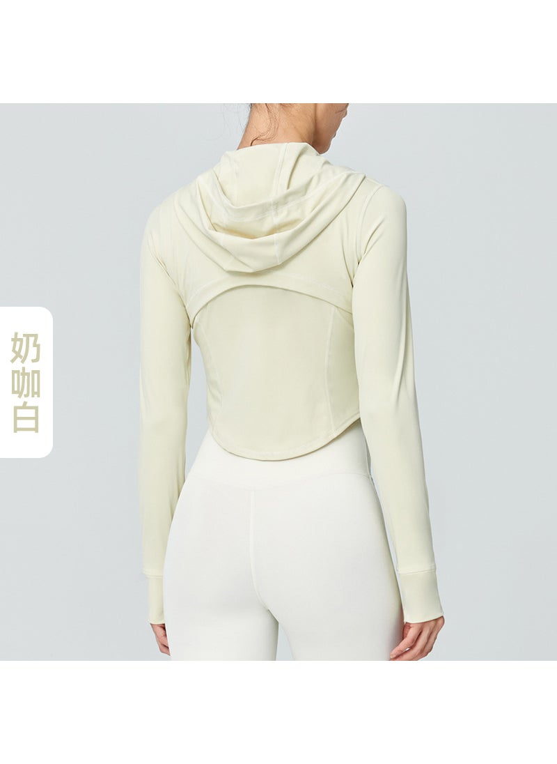 1 x 5 pcs Double Layer Breathable Sports Jacket with Thumb Holes for Women Milk coffee White