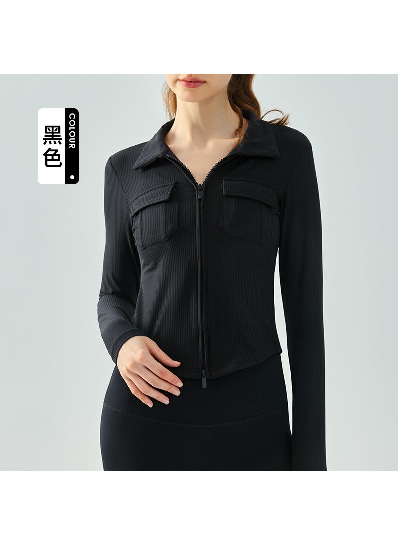 1 x 5 pcs Womens Collared Yoga Jacket Breathable Long Sleeve Autumn Winter Black