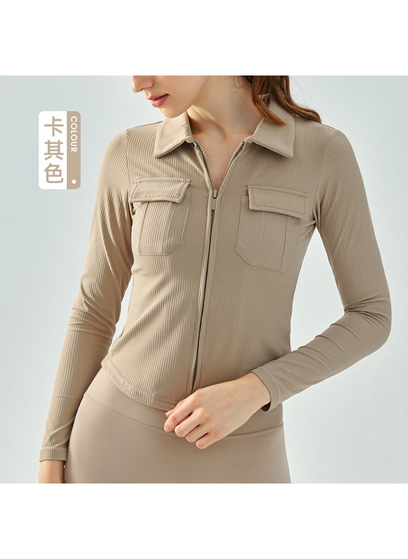 1 x 5 pcs Womens Collared Yoga Jacket Breathable Long Sleeve Autumn Winter Khaki