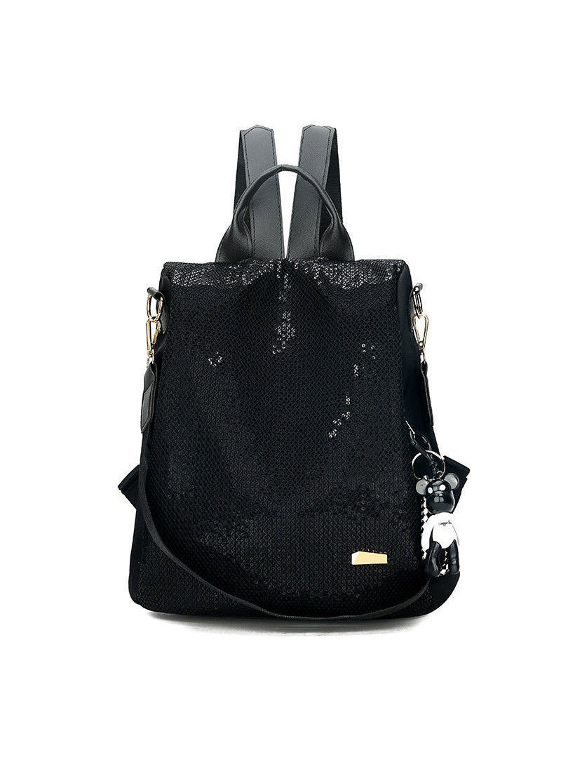 Sequin Anti-Theft Backpack for Women Korean Style Oxford Travel Bag Large Capacity Black bear pendant