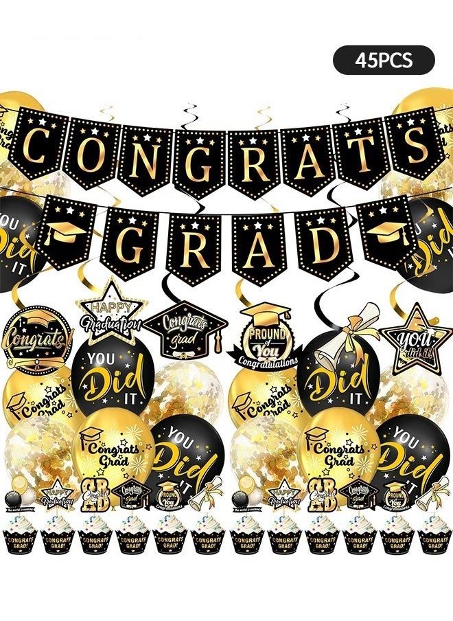 45 PCs  Graduation Party Decorations Graduation Party Decorations Kit Graduation Decorations Class of 2024 Set with Congrats Grad Banner, Graduation Balloons, Cake Decorations Party Supplies