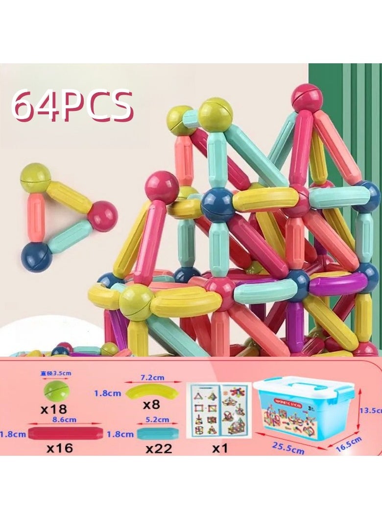 64 PCS Magnetic Building Toys for Kids, Magnet Blocks Sticks & Ball Creativity Game,  Development Kit for Preschool Girls,Boys Ideal Gift Set