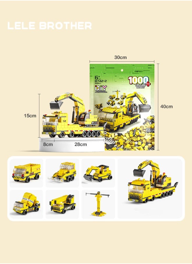 6-in-1 Engineering Vehicles Building Blocks Set, Construction Team Building Toys, Excavator/Dump Truck/Loader/Forklift/Crane Toy Set, STEM Learning Building Blocks Set, Ideal Gifts for Kids Age 6+ Year Old (1000 PCS)