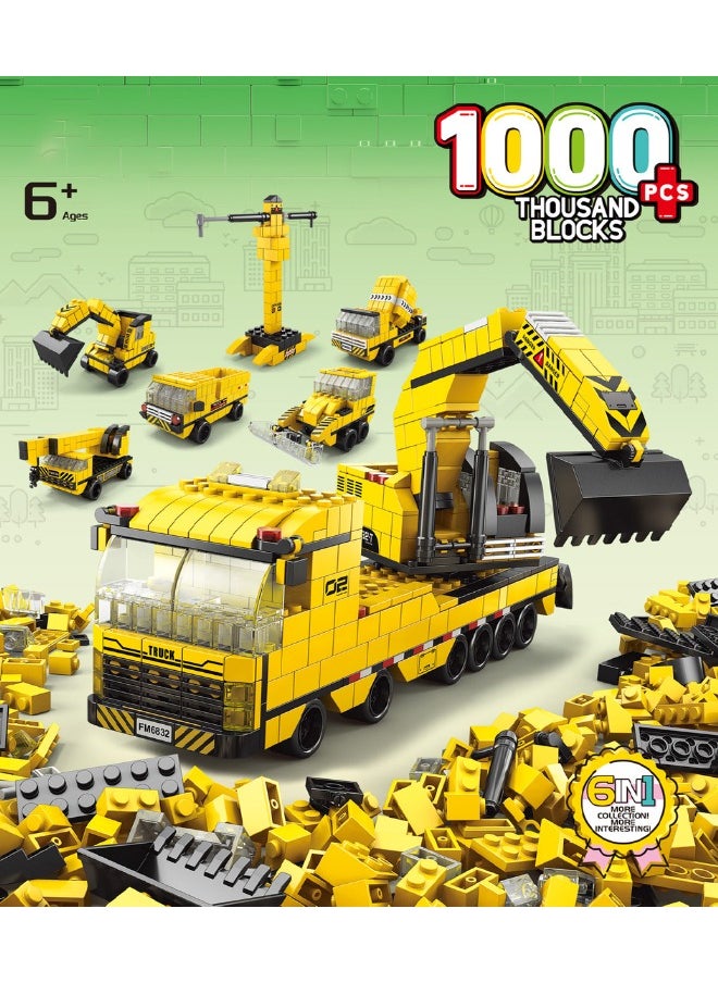 6-in-1 Engineering Vehicles Building Blocks Set, Construction Team Building Toys, Excavator/Dump Truck/Loader/Forklift/Crane Toy Set, STEM Learning Building Blocks Set, Ideal Gifts for Kids Age 6+ Year Old (1000 PCS)