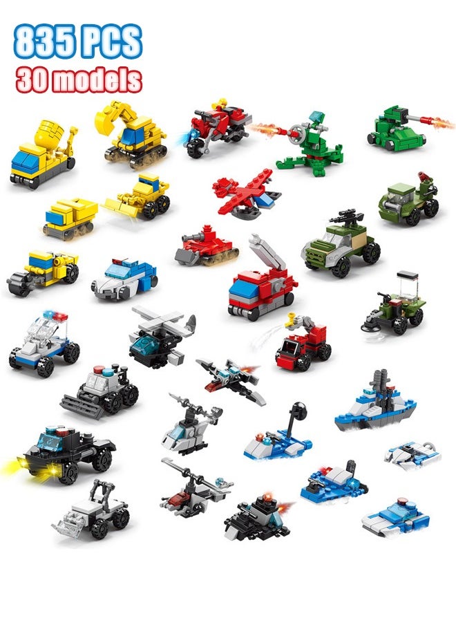 835PCS - 30 Models Building Brick Sets, Fire Truck Building Set - City Police Car Building Toys - Engineering Cars Building Brick Sets - Car Army Tank Toys, 3D Boys and Girls Mini Building Toys for Party Favors, Kids Prizes