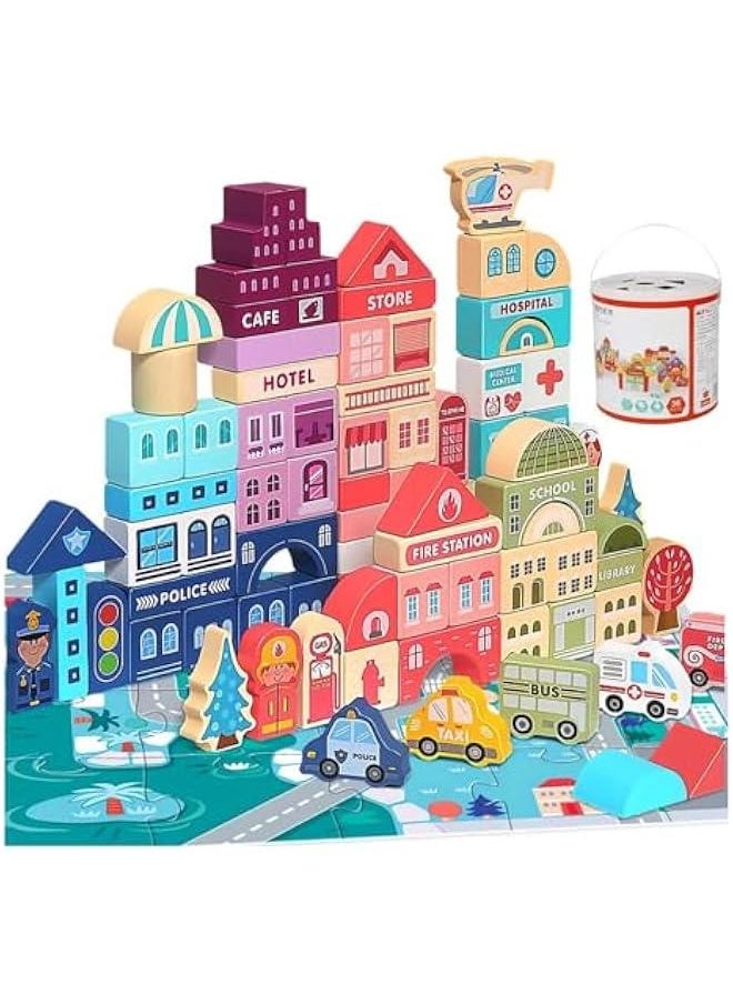 Children's Wooden Building Block Toys, City Street Scenes City Street Scenes Colorful Characters Animal Car Large Particle Blocks, Suitable For 4 5 6 7 8 Years Old Children