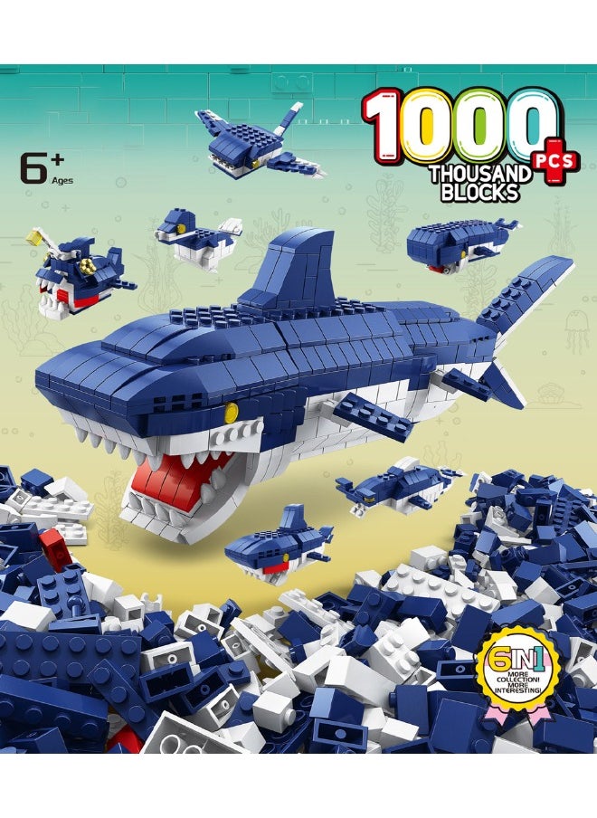 6-in-1 Shark Building Blocks Set, Ocean Shark Shape Building Toys, Shark Toy Set, STEM Learning Building Blocks Set, Ideal Gifts for Kids Age 6+ Year Old (1000 PCS)