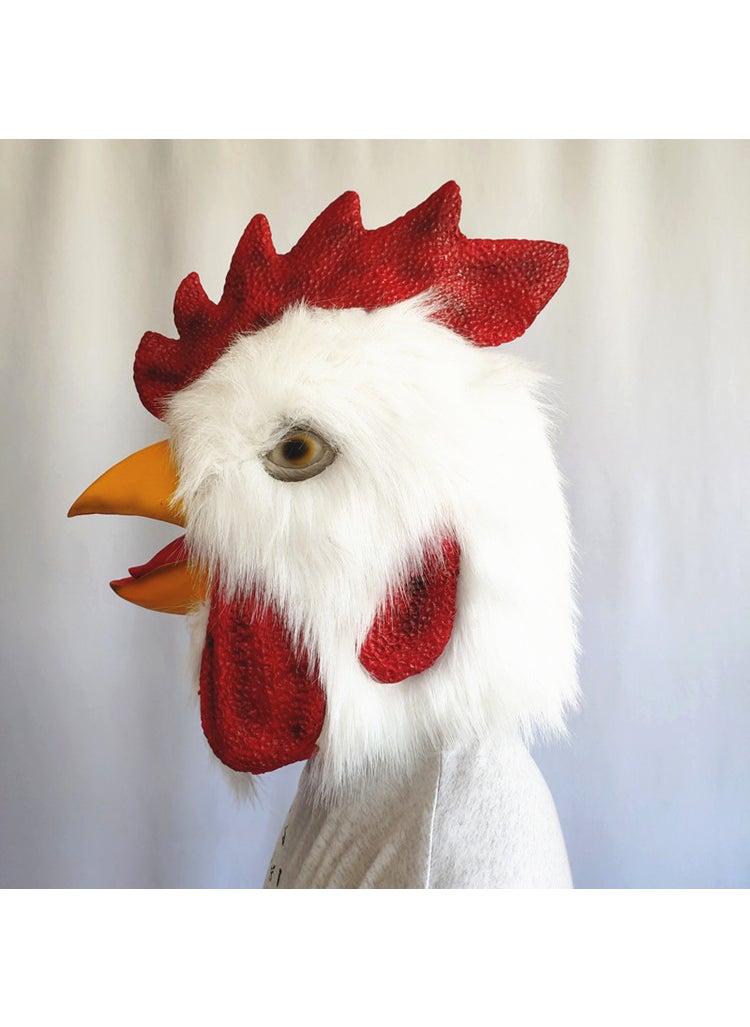 White Plush Rooster Head Latex Mask Funny Animal Costume for Halloween