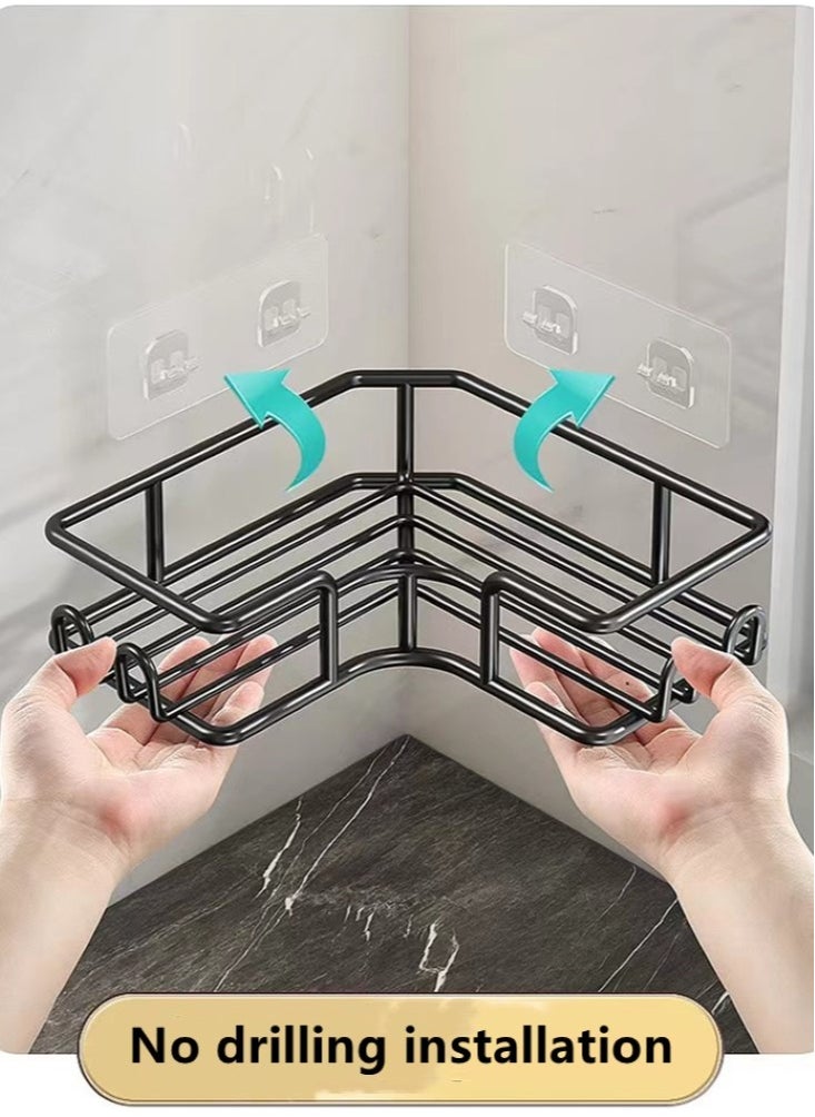 2-Pieces Bathroom Metal Shelf Shower Shampoo Soap Organizer Wall Mounts Storage Rack Black