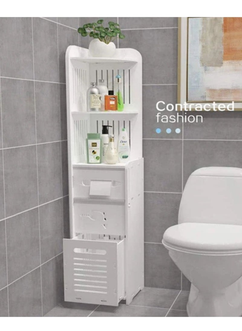 𝐅𝐅𝐃 Bathroom Storage Cabinet, Freestanding Slim Floor Cabinet with Adjustable Shelf, Waterproof & Eco-Friendly Wood-Plastic Composite, Multi-Level Organizer for Towels, Toiletries, Toilet Paper, and More - White, 24x24x120cm