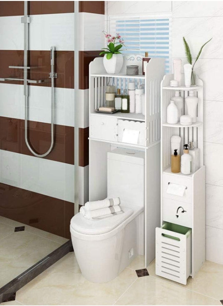 𝐅𝐅𝐃 Bathroom Storage Cabinet, Freestanding Slim Floor Cabinet with Adjustable Shelf, Waterproof & Eco-Friendly Wood-Plastic Composite, Multi-Level Organizer for Towels, Toiletries, Toilet Paper, and More - White, 24x24x120cm