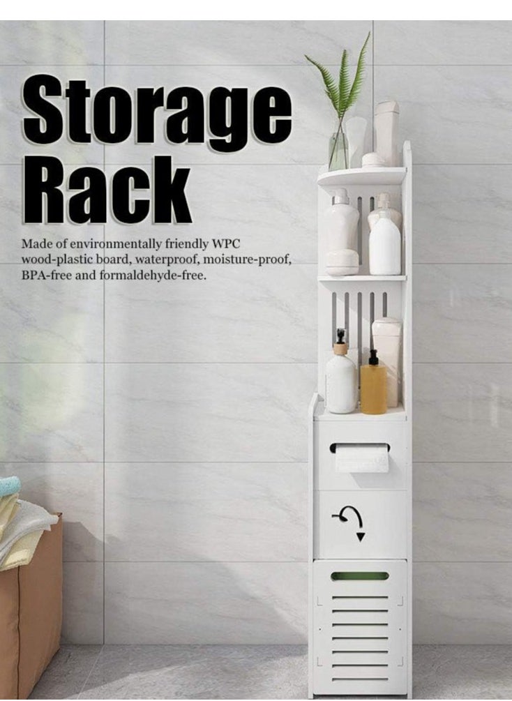𝐅𝐅𝐃 Bathroom Storage Cabinet, Freestanding Slim Floor Cabinet with Adjustable Shelf, Waterproof & Eco-Friendly Wood-Plastic Composite, Multi-Level Organizer for Towels, Toiletries, Toilet Paper, and More - White, 24x24x120cm