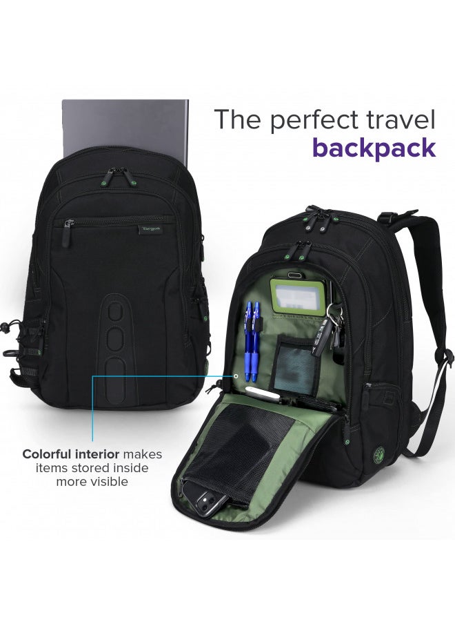 Targus Spruce EcoSmart Travel Laptop Backpack for 17 inch Laptops, TSA-Friendly Carry On Backpack Laptop Bag for Work and Travel, Black (TBB019US)