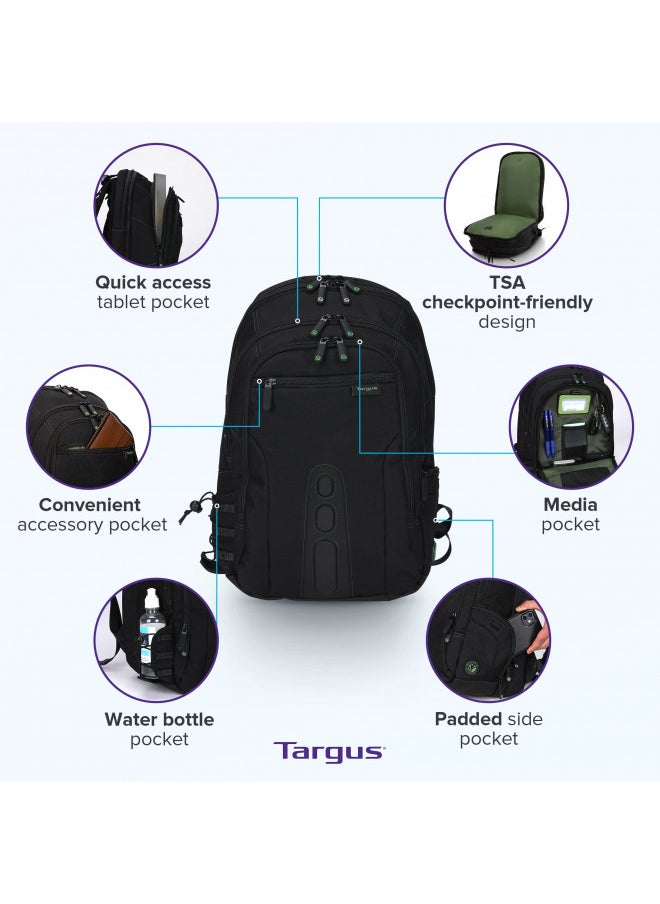 Targus Spruce EcoSmart Travel Laptop Backpack for 17 inch Laptops, TSA-Friendly Carry On Backpack Laptop Bag for Work and Travel, Black (TBB019US)