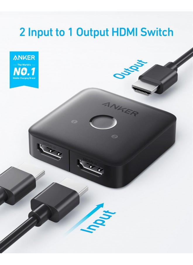 Anker HDMI Switch, 4K@60Hz Bi-Directional HDMI Switcher, 2 In 1 Out with Smooth Finish, Supports HDR, 3D, Dolby, Compatible with Laptops, PC, Xbox Series, PS5 / PS4, Projector, and More