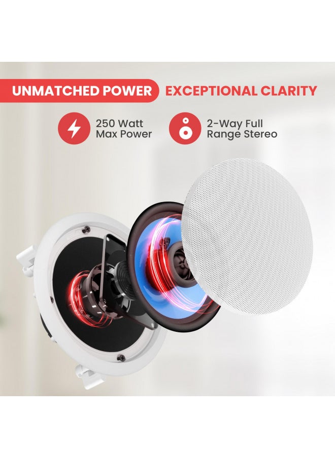 2-Way In-Wall In-Ceiling Speaker System - Dual 6.5 Inch 250W Pair of Hi-Fi Ceiling Wall Flush Mount Speakers w/ 1