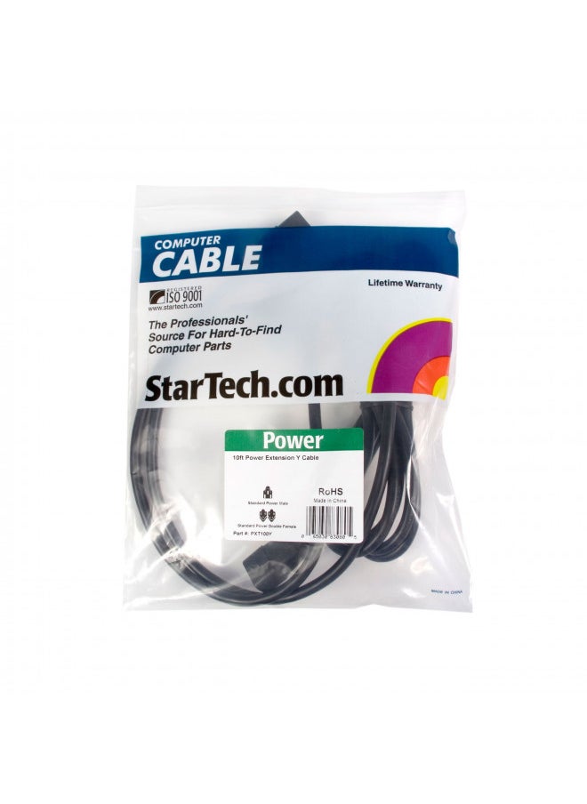 StarTech.com 10ft (3m) Power Extension Cord Splitter, C14 to 2x C13, 13A 250V, 16AWG, Computer Power Cord Extension, IEC 320 C14 to 2x C13 AC Extension Cable for Power Supply, UL Listed (PXT100Y)