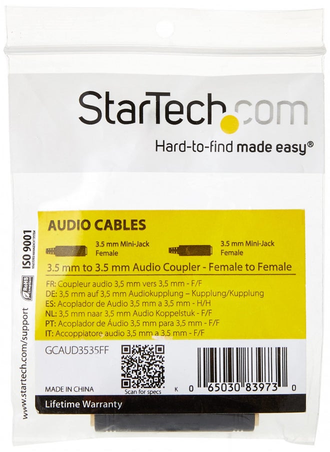 StarTech.com 3.5mm Female to Female Coupler - 3.5mm Audio Coupler - Gold Plated Connectors - Female/Female - Aux Cord Adapter (GCAUD3535FF),Black