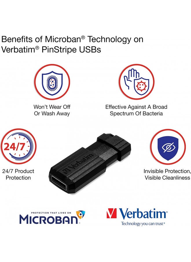 Verbatim 32GB PinStripe Retractable USB 2.0 Flash Thumb Drive with Microban Antimicrobial Product Protection Black