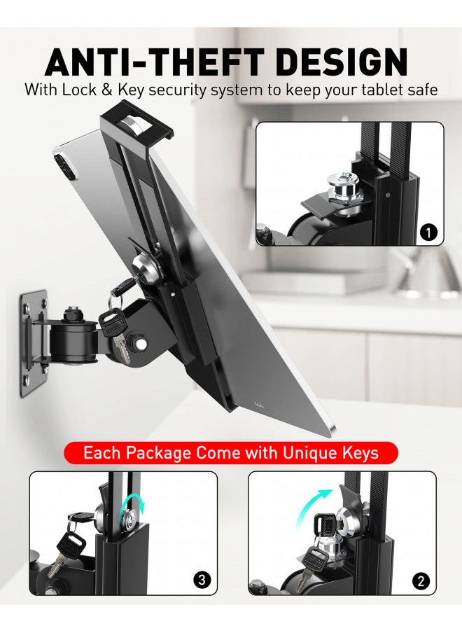 AboveTEK Tablet Wall Mount - Fits 7 to 11 Inch Tablets Including iPad, Galaxy Tab, Slate, Fire and More-Anti Theft Security Lock and Key - Articulating Swivel Holder for Portrait and Landscape(Black)