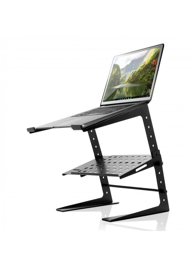 Pyle Portable Adjustable Laptop Stand - 6.3 to 10.9 Inch Standing Table Monitor or Computer Desk Workstation Riser with Shelf Storage and Height Alignment for DJ, PC, Gaming, Home or Office - PLPTS26