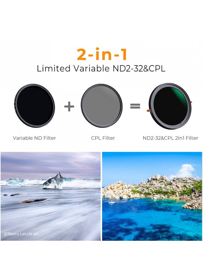 K&F Concept 82mm Variable Fader ND2-ND32 ND Filter and CPL Circular Polarizing Filter 2 in 1 for Camera Lens No X Spot Waterproof Scratch Resistant (Nano-X Series)