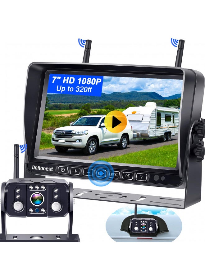 DoHonest RV Backup Camera Wireless HD 1080P 7'' Rear View DVR Monitor Kit 4 Channels Bluetooth Trailer Reverse Cam Adapter for Furrion Pre-Wired RVs Truck Van Infrared Night Vision Waterproof S19