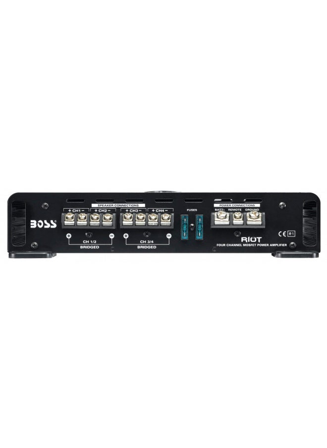 BOSS Audio Systems R3004 4 Channel Car Amplifier - 1200 Watts, 2/4 Ohm Stable, Class A/B, Full Range, Bridgeable, MOSFET Power Supply, Remote Subwoofer Control